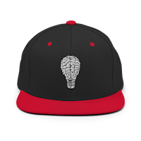 a black and red snapback hat with a light bulb on it