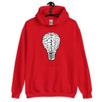 a red hoodie with a light bulb on it